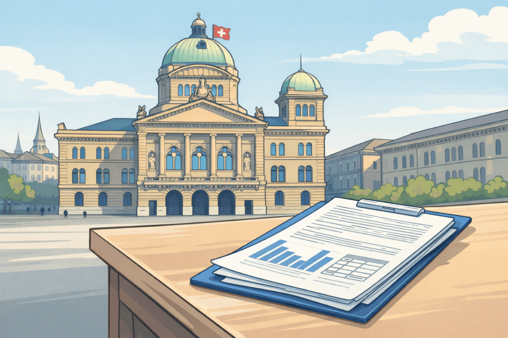 Bundeshaus und Positionspapier zur Pflegeinitiative (Etappe 2) in der Schweiz